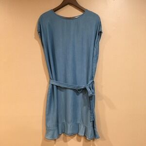 Popsugar Chambray Shift Dress Women XXL Blue Belted Ruffle Cottage Coastal Lagom